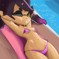 1girl artist:justdavefnd background bikini callie dark_skin inkling pool splatoon sunbathing swimsuit tagme tan // 1000x1000 // 949KB