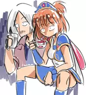 1girl 2boys arle_nadja artist:robojanai black_eyes boots brown_hair cape colored crossover cup cuphead dante devil_may_cry facial_hair gloves madou_monogatari ponytail puyo puyo_puyo sitting white_hair // 1341x1481 // 2.0MB