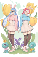 2019_easter_collab 2girls artist:eeebuns blue_eyes bunny_ears collab colored easter easter_collab flower inkling inkling_girl jellyfish jellyfish_(splatoon) octoling painted_nails pink_eyes pointy_ears thigh_highs // 1000x1500 // 1.2MB