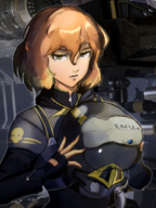 1girl artist:unknown colored eagle-1 helldivers helmet holding_object looking_at_viewer orange_hair pilot short_hair yellow_eyes // 1353x1809 // 2.3MB