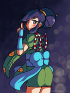 1girl artist:mellie ayame blue_hair blush bow brown_eyes colored hair_bun looking_back power_stone smile // 1668x2224 // 2.7MB