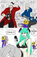 1girl 2boys anal_beads artist:baalbuddy bed camera colored comic dante darkstalkers devil_may_cry food lingerie mega_man_(series) morrigan_aensland phone radish robot servbot sitting text third-party_coloring vergil // 1198x1812 // 2.1MB