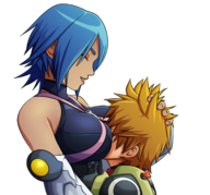 aqua aqua_(kingdom_hearts) artist:ravenravenraven blue_hair colored headpat huge_breasts hugging kingdom_hearts smile ventus // 1713x1600 // 1.2MB