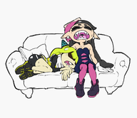 2girls agent_3 artist:numbskull callie colored colorist:miqotefag couch drool earrings fangs inkling pointy_ears sleeping splatoon third-party_coloring // 1230x1064 // 319KB