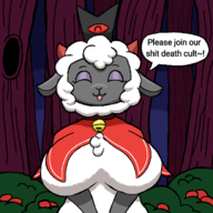 1girl artist:unknown cult_of_the_lamb furry huge_breasts text the_lamb // 666x666 // 59KB