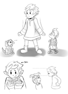 1girl 3boys animal arrow boney boots comic dog duster giant giantess hoodie king_statue kumatora lucas mother_(series) mother_3 short_hair sweat text tongue // 1555x2165 // 868KB