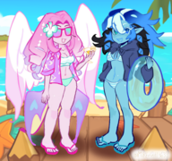 2girls artist:unknown beach bikini blue_hair cookie_run drill_hair drink edit eternal_sugar flip_flops flower heterochromia inner_tube multicolored_hair multiple_eyes palm_tree pink_hair pointy_ears sandals shadow_milk sunglasses wings // 2160x2020 // 2.8MB
