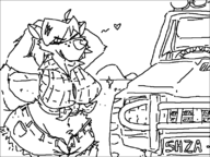 1girl anthro artist:unknown breasts cleavage dingo dog eyes_closed furry garyc.me heart huge_breasts monochrome shazza_the_dingo sketch text thicc thick_thighs truck ty_the_tasmanian_tiger wide_hips // 800x600 // 16KB