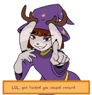 1girl antlers artist:unknown brown_eyes brown_hair bunny bunny_girl dialogue furry insult mod morgan_(stardew_valley) pointing stardew_valley text witch witch_hat // 830x863 // 56KB