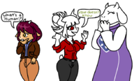 3girls artist:bonitanon diana_caproni goat helltaker lucifer on_your_tail text toriel_dreemurr undertale // 900x550 // 184KB