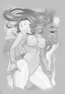 1boy 1girl andy_bogard angler_fish artist:d1975 breasts dialogue fatal_fury greyscale huge_breasts mai_shiranui monochrome nipples nipples_visible_through_clothing scuba_diving skintight skintight_suit text thick_thighs visible_nipples water // 898x1285 // 393KB