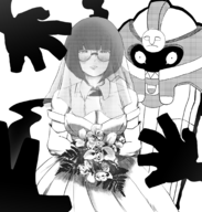 1girl artist:unknown bouquet cofagrigus dress flowers glasses pokemon pokemon_bw shauntal veil wedding_dress // 2000x2100 // 1.9MB