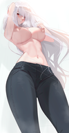 1girl artist:unknown breasts girls'_frontline huge_breasts long_hair navel nipples pants pk_(girl's_frontline) red_eyes solo towel white_hair // 4284x8192 // 15MB
