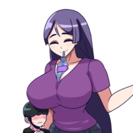 1boy 1girl artist:iggy_bomb black_hair bubble_tea_challenge colored eyes_closed fate_(series) huge_breasts long_hair minamoto_no_raikou purple_hair short_hair shota smile // 2000x2000 // 574KB