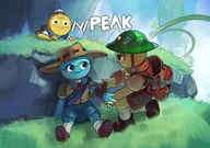 1girl 2boys :3 artist:unknown bandages blush breasts colored cyan_scout eyelashes hat helmet kneeling looking_to_another PEAK scout sitting skirt // 1600x1126 // 2.2MB