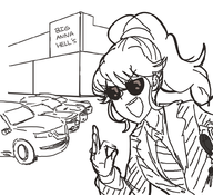 1girl anna anna_(fire_emblem) artist:davewaterfalls background car fire_emblem monochrome smile suit sunglasses text tie // 1000x909 // 279KB