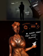 1boy 1girl 2koma artist:jaguar breasts cellphone comic huge_breasts nurse phone silent_hill text // 960x1227 // 676KB