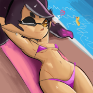 1girl artist:justdavefnd background bikini callie dark_skin inkling pool splatoon sunbathing swimsuit tan // 1000x1000 // 962KB