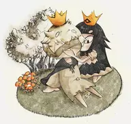 1boy 1girl bandages black_eyes black_hair blind_prince blindfold boner bulge cape crown liar_princess long_hair short_hair the_liar_princess_and_the_blind_prince whispering // 2582x2434 // 2.2MB