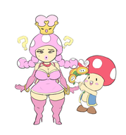 1boy 1girl alternate_breast_size artist:harrace beauty_mark bimbo blush bracelet colored crown elbow_gloves fire_flower flower gloves happy lipstick necklace panties peachette pink_eyes piranha_plant smile super_crown super_mario // 417x447 // 74KB