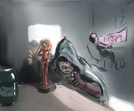 1girl 2boys artist:unknown asuka_langley_soryu chair computer evangelion figurine garrett jar stealing stealth thief thief_(series) unaware // 4961x4075 // 1.3MB