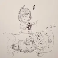 1boy 1girl air_horn artist:pikapika212 bed deltarune furry kris noelle_holiday sleeping traditional_medium // 896x891 // 89KB