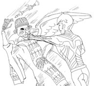 artist:perfectcircle6 attack demi-fiend digital_devil_saga punch shin_megami_tensei trumpeter wings // 1498x1371 // 693KB