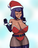 1girl artist:iggy_bomb belt colored dark_skin elbow_gloves eliza eyes_closed gloves hat lipstick purple_eyes santa_hat santa_outfit short_hair skullgirls smile thigh_high_boots // 1600x2000 // 1.1MB