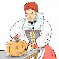 1girl artist:bishopbb carving colored elizabeth_bathory halloween joke_delivery knife not_vidya pumpkin red_hair // 800x800 // 121KB