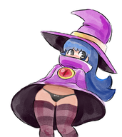 1girl artist:2x black_eyes blue_hair chenso_club colored hat long_hair panties pantyshot plum solo stockings thigh_highs witch witch_hat // 691x778 // 556KB