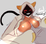 1girl artist:katsunei blazblue breasts cleavage colored eyes_closed grin huge_breasts red_eyes sharp_teeth tail taokaka text // 1747x1659 // 2.0MB