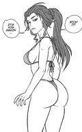 1girl ai_the_somnium_files artist:reptileye ass bikini boss_(ai_the_somnium_files) dialogue monochrome ponytail sideboob solo text // 1250x2000 // 508KB