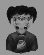 1girl 2face apple artist:kujalla candy candy_apple mii monochrome twintails // 1280x1600 // 260KB