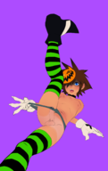 1boy blue_eyes brown_hair colored cum fangs fujoartist gloves kingdom_hearts mask penis precum shirtless sora striped_stockings testicles // 1521x2410 // 535KB