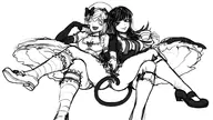 2girls alternate_breast_size animal_tail artist:thegoldensmurf bernkastel bow cat_tail cup elbow_gloves fangs gloves hand_holding lambdadelta long_hair looking_at_viewer monochrome panties short_hair tail umineko_no_naku_koro_ni umineko_when_they_cry // 1921x1080 // 591KB