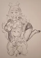 1girl 2boys artist:pikapika212 boob_hat breasts breasts_on_head deltarune furry kris no_background noelle_holiday ralsei sketch traditional_medium // 828x1153 // 121KB