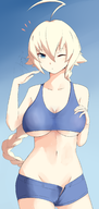 1girl blazblue casual_clothes colored es huge_breasts midriff shorts sun tanktop underboob // 1024x2156 // 752KB