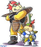 artist:gusgux bowser bowser_jr. colored cosplay crossover dragon_ball dragon_ball_z dragonball dragonball_z mario pose saiyan_armor super_mario // 1000x1154 // 576KB
