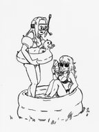 2girls artist:pureo2 bikini edelgard fire_emblem fire_emblem_three_houses monochrome pool swimsuit traditional_medium // 1200x1600 // 1.5MB