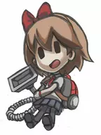 1girl artist:nickel bow brown_hair colored crossover luigi's_mansion poltergust poltergust_3000 protagonist_(yomawari) short_hair yomawari // 650x869 // 55KB