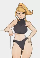 1girl artist:splashbrush blond_hair blonde_hair blue_eyes hand_on_hips metroid ponytail samus_aran solo underwear // 957x1366 // 291KB