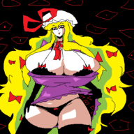 1girl artist:2hufag blonde_hair bra breasts cleavage hat huge_breasts panties ribbon touhou yukari_yakumo // 400x400 // 25KB