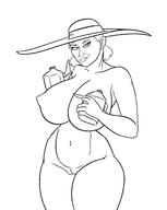 1girl alcina_dimitrescu areolae artist:scorndude breasts gigantic_breasts hat huge_breasts jug lineart looking_at_viewer milk monochrome navel nipples nude pussy resident_evil resident_evil_village tummy wrinkles // 2171x2724 // 513KB