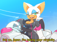 1girl cleavage colored gloves green_eyes helmet makeup medium_breasts motorbike rouge_the_bat sonic_(series) sonic_the_hedgehog text vehicle wings // 2000x1485 // 1.2MB