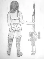 1girl ass black_hair booty_shorts bra_strap gun rifle sharla standing xenoblade xenoblade_chronicles // 852x1136 // 346KB