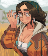 1girl alma artist:dairenke cleavage glasses monster_hunter // 1295x1494 // 1.4MB