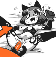 1boy 1girl animal_ears artist:notepaddy battle_cats blush bottomless collar colored crazed_moneko creampie cum fangs gloves grey_hair hair_ornament heart penis pussy sex short_hair spread_legs tail tears // 1740x1782 // 891KB