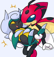 2girls artist:gholdenhoe blush bug carrying carrying_someone colored fang hair horns kaburion karratarch ledian lesbian pokemon pokemon_teraleak wink // 945x1000 // 268KB