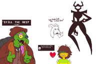 1girl 3boys artist:signirsol asriel_dreemurr blush colored december_holiday deltarune disgust gerson_boom gritted_teeth heart knight kris looking_at_viewer sans soul_(deltarune) teeth text the_roaring_knight wink // 1200x800 // 39KB