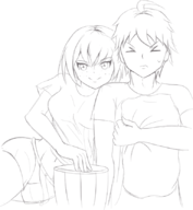 1boy 1girl ahoge artist:tttt danganronpa danganronpa_2 eyes_closed freckles hajime_hinata mahiru_koizumi short_hair smile // 767x830 // 204KB